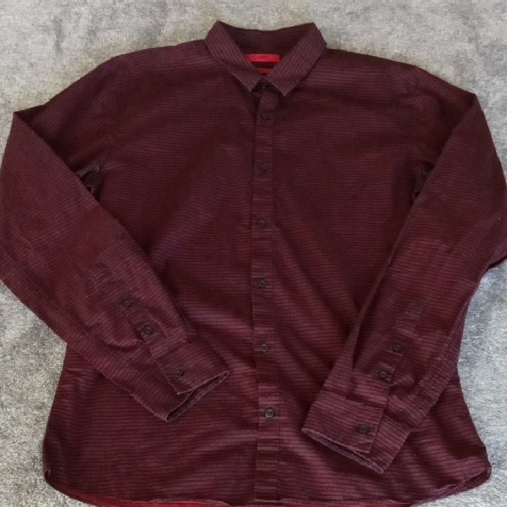 Hugo Boss Binary Code burgundy and black button down
